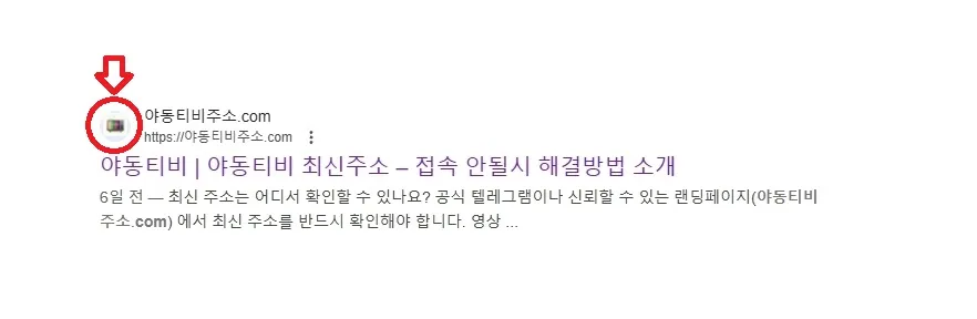 구글검색창과 빨간색 동그라미와 화살표로 표시된 “야동티비 파비콘”